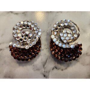 Vintage Rhinestone Clip-On Earrings With Brown & Clear Stones (Missing Stones)